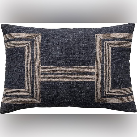 Creative Co-Op 24 Inches Cotton Blend LumbarJute Embroidery Charcoal Pillow Gray - Picture 1 of 10